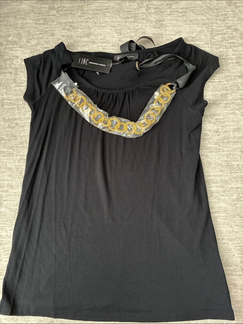 INC International Concepts Black Short Sleeve Top with Gold Chain Trim